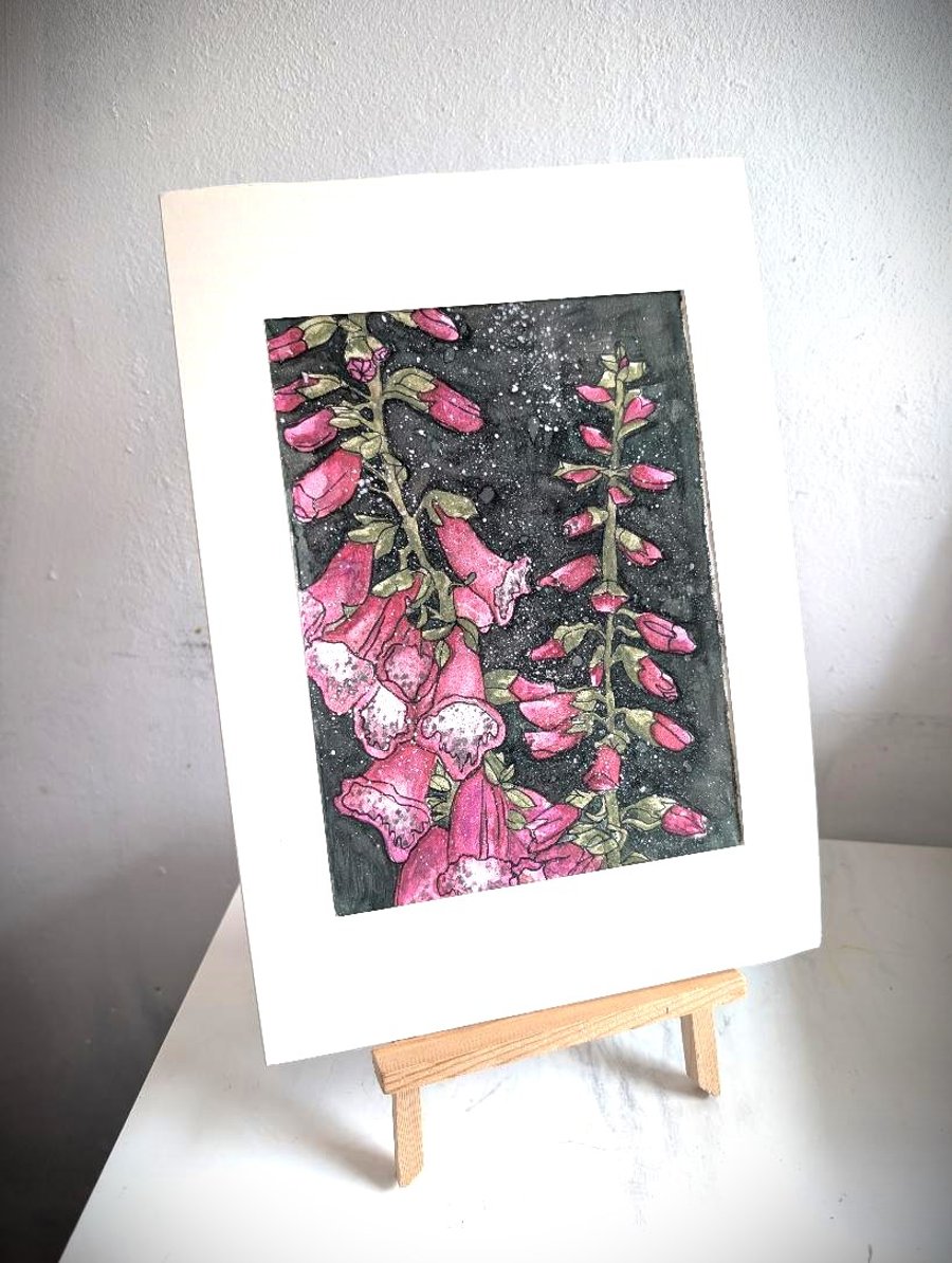 Original Foxglove Watercolour Painting, A5 Moody Botanical Art With Mount 