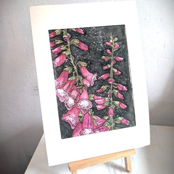 Original Foxglove Watercolour Painting, A5 Moody Botanical Art With Mount 