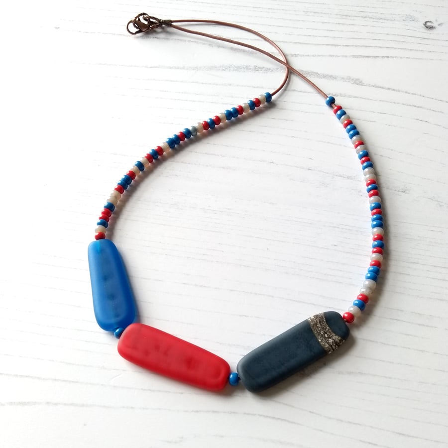 Red, Blue and Grey Statement Necklace