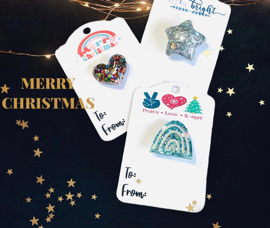 Christmas brooch, sparkly Xmas accessories, heart star rainbow pin, secret Santa