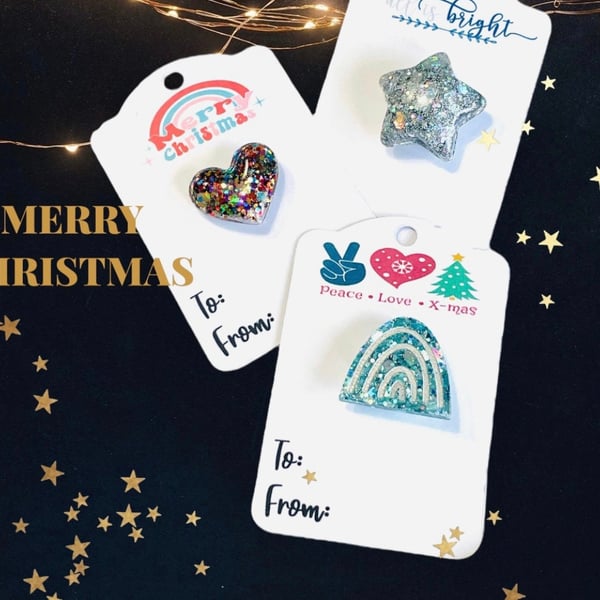 Christmas brooch, sparkly Xmas accessories, heart star rainbow pin, secret Santa