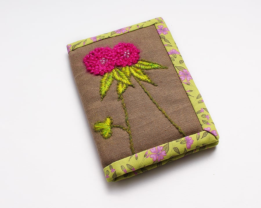 Brown linen A7 notebook with hand embroidered pink clover