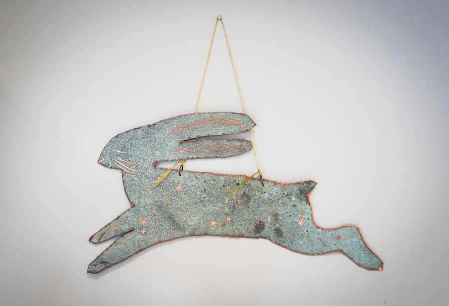 Copper Verdigris Engraved Hanging Hare