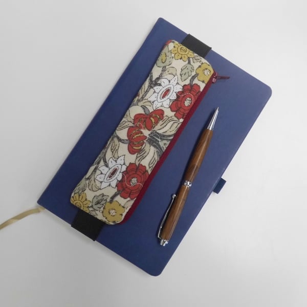  Elasticated pencil case for cover of book diary journal red floral