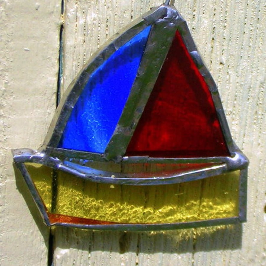  Red, Blue and Yellow Stained Glass Boat Suncatcher