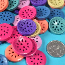 Wooden Pierced Flower Buttons Random 6pk Button Mix 18mm (P2)