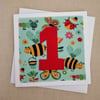 1st birthday card  bee  fabric 