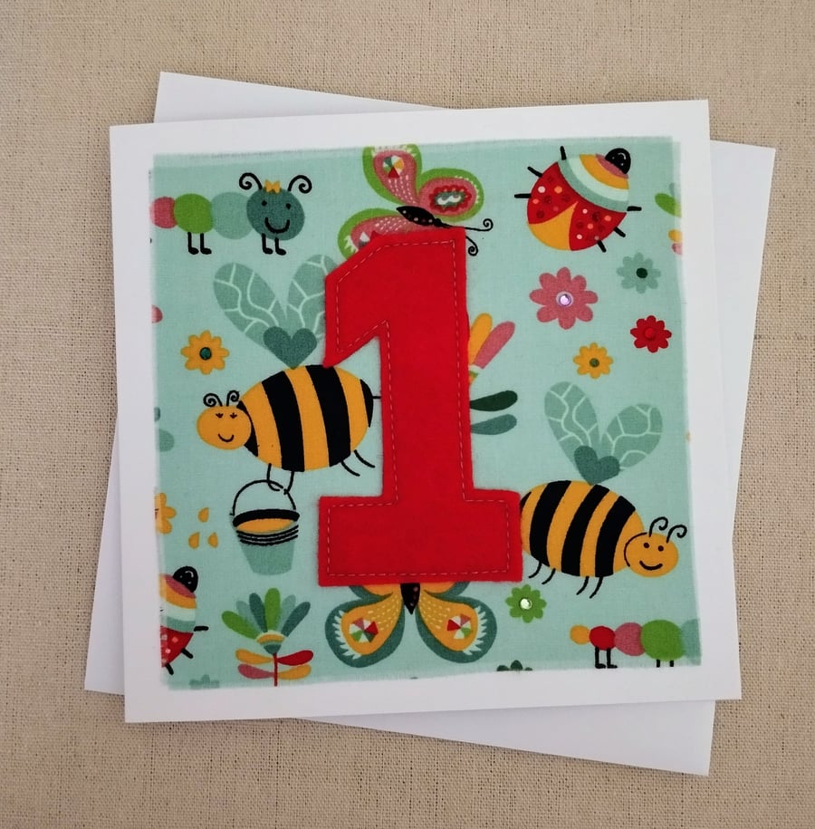 1st birthday card  bee  fabric 