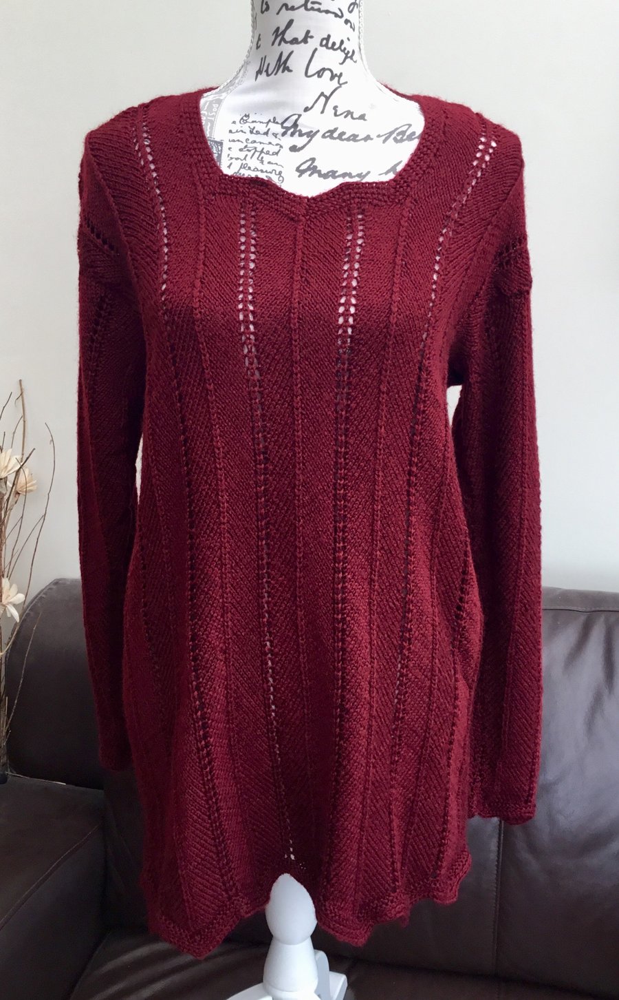 Long Line Lacy Knit Burgundy Ladies Hand Knitted Jumper UK size 12 to 14.