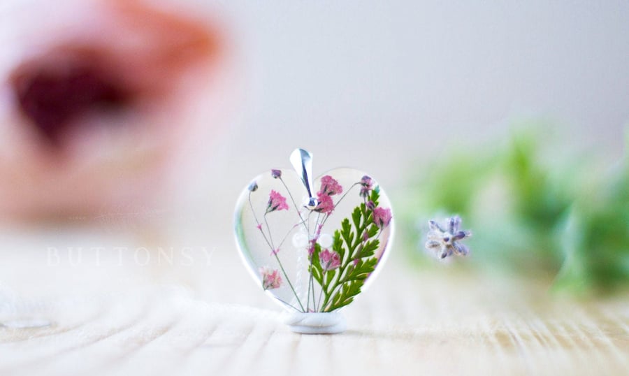 Pink Real Flower Necklace Pink Gypsophila Green Fern Gifts for Her Pressed Flowe