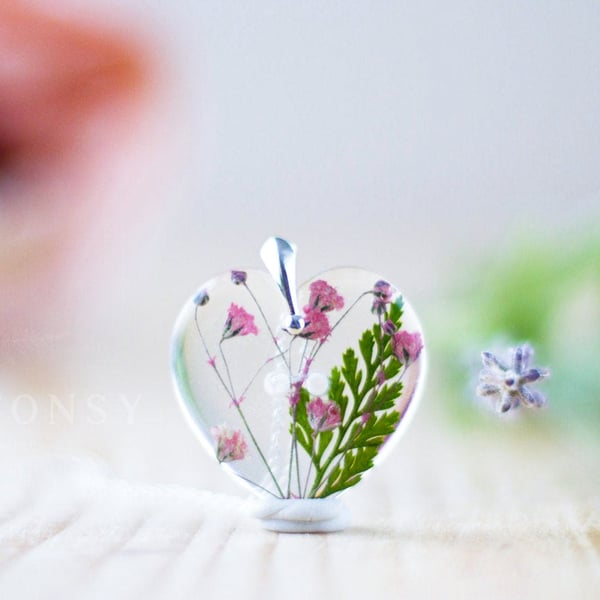 Pink Real Flower Necklace Pink Gypsophila Green Fern Gifts for Her Pressed Flowe