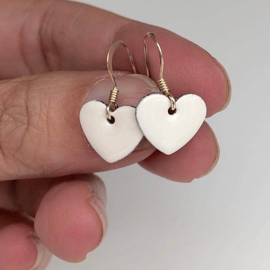 White enamel heart charm, sterling silver earrings 