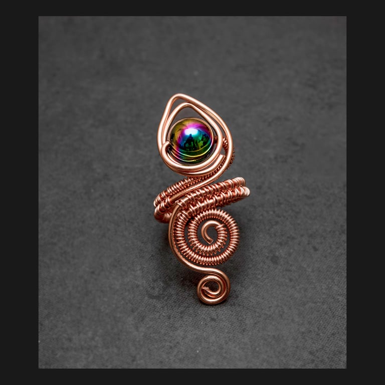 Copper ring,rainbow black agate copper ring, adjustable rings, copper wire ring-