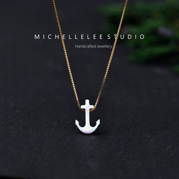 Opal Anchor Necklace With 925 Sterling Silver Chain