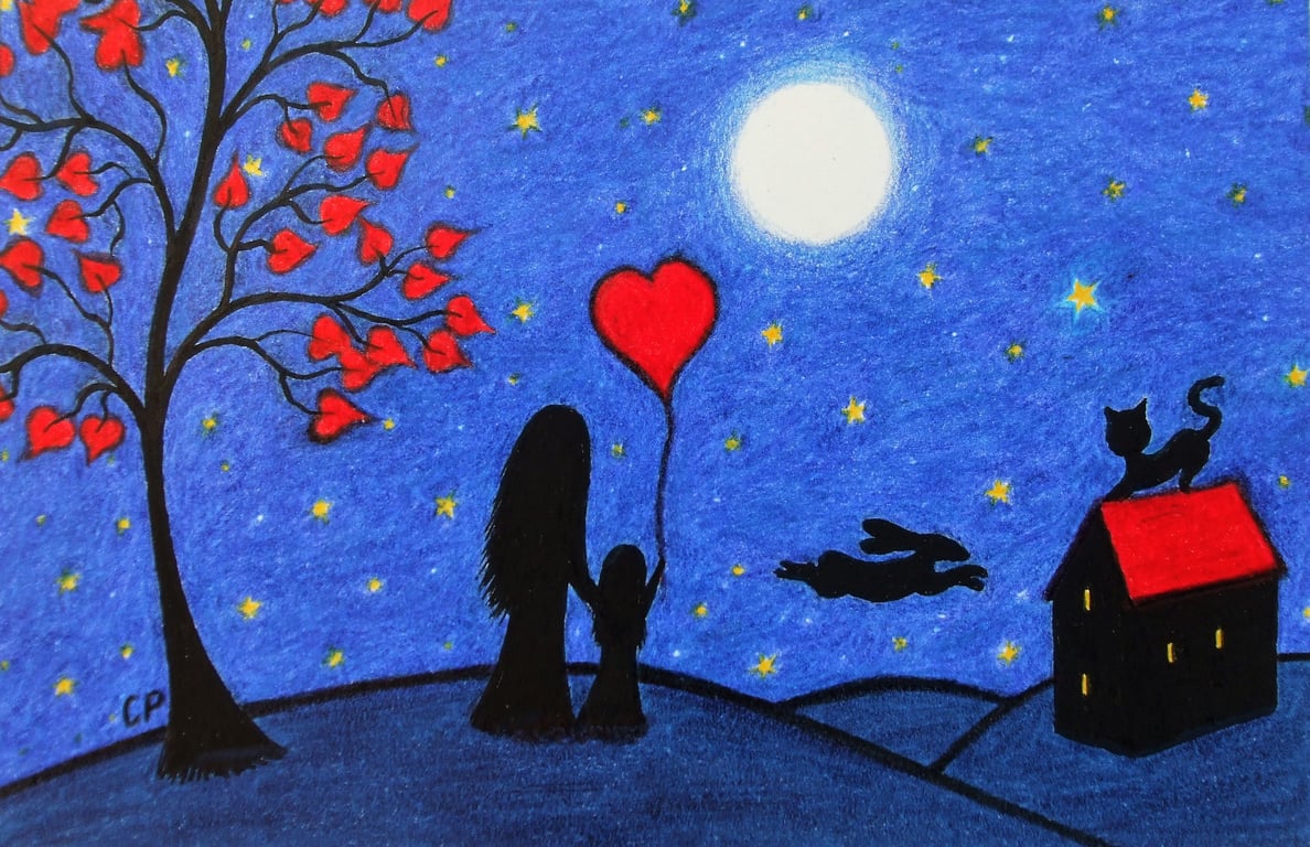 Daughter Birthday Card, Mother Child Heart Card, Moon Stars Card, Blank Card