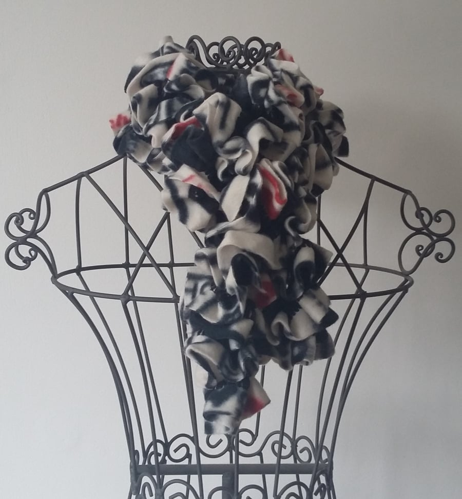 Hand Knitted Fleece Ruffle Scarf - Black, red & cream mixed colours