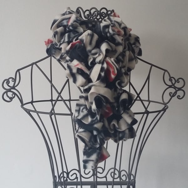 Hand Knitted Fleece Ruffle Scarf - Black, red & cream mixed colours