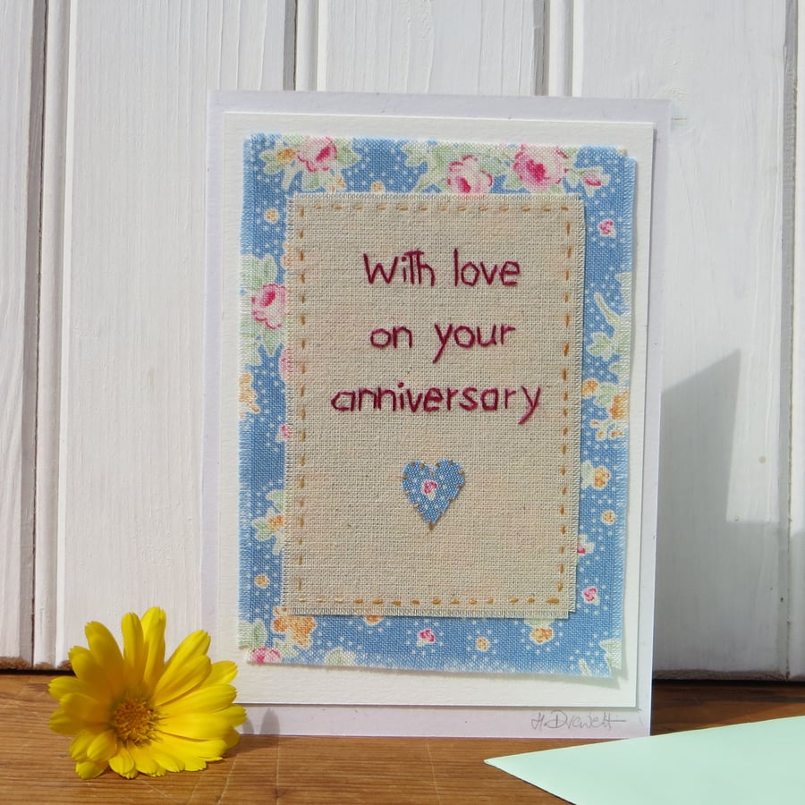 Hand stitched anniversary card, pretty, detailed work, a card to keep
