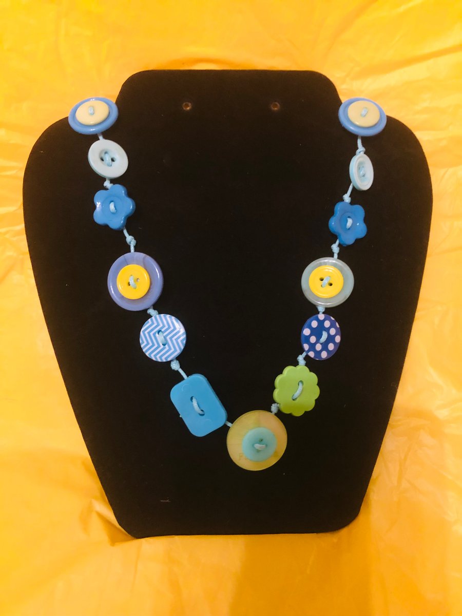 Handmade button necklace blue, green and yellow 