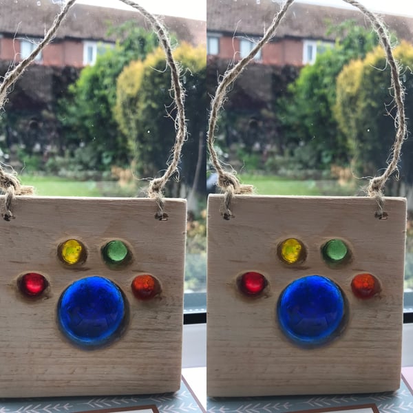 Wood and glass paw print sun catcher, rainbow, home or garden