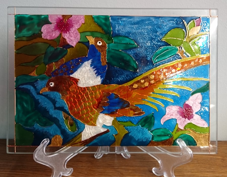 Pheasants and Storm - Handpainted Suncatcher with Stand