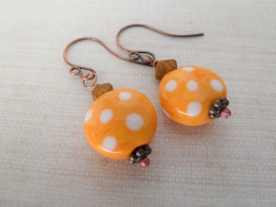 copper and orange lampwork glass earrings