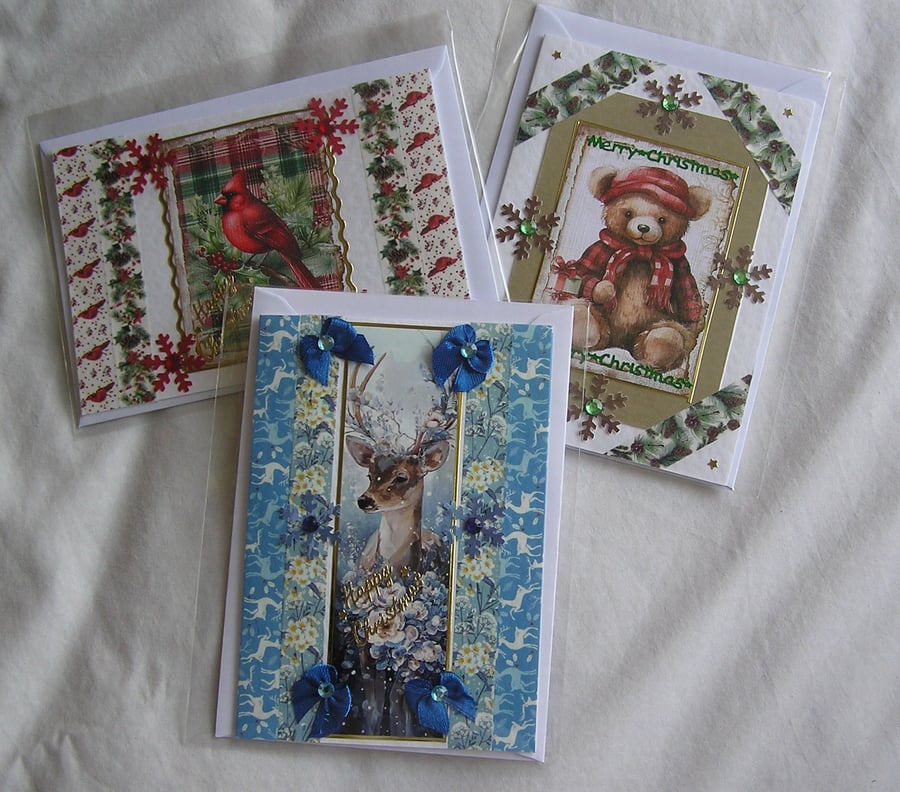 Set of 3 (Three) Beautiful Hand-Crafted Christmas Decoupage Greeting Cards (n)