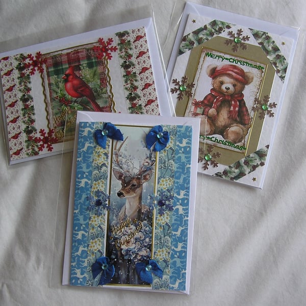Set of 3 (Three) Beautiful Hand-Crafted Christmas Decoupage Greeting Cards (n)