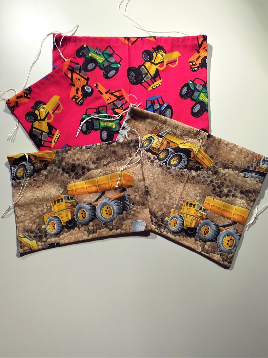 Set of 4 Tractor and Construction Vehicle Drawstring Bags