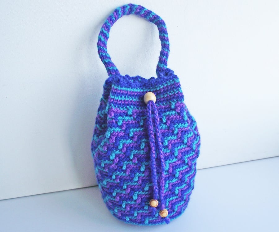 Crochet Drawstring Bag, Purse, Pouch, Purple, Blue, Turquoise, Handspun Merino 