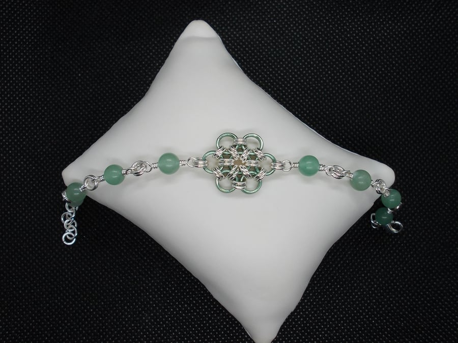 SALE - Chainmaille flower bracelet with Green Aventurine