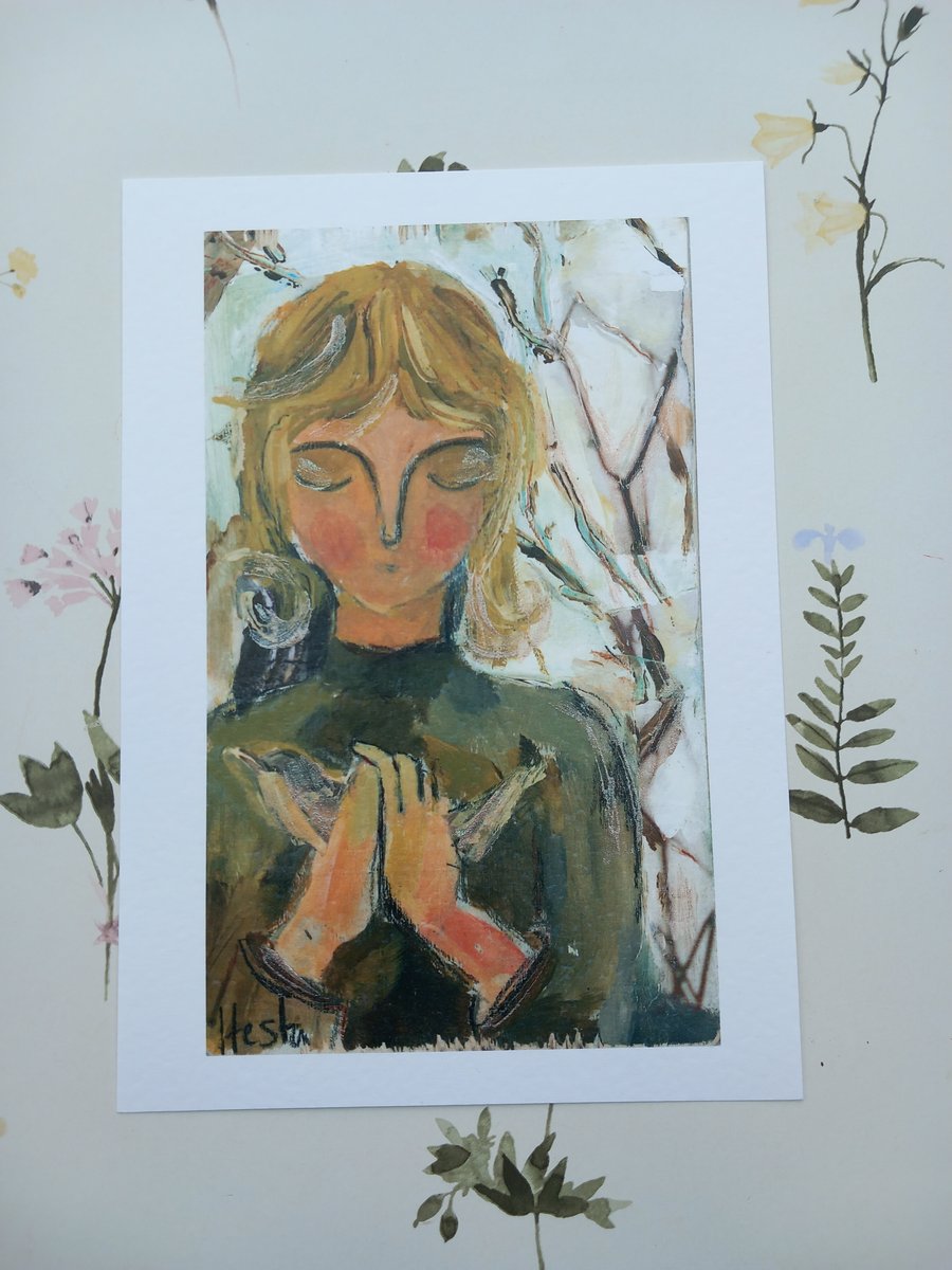 Girl holding Bird a5 embellished print. 'Winter solstice '