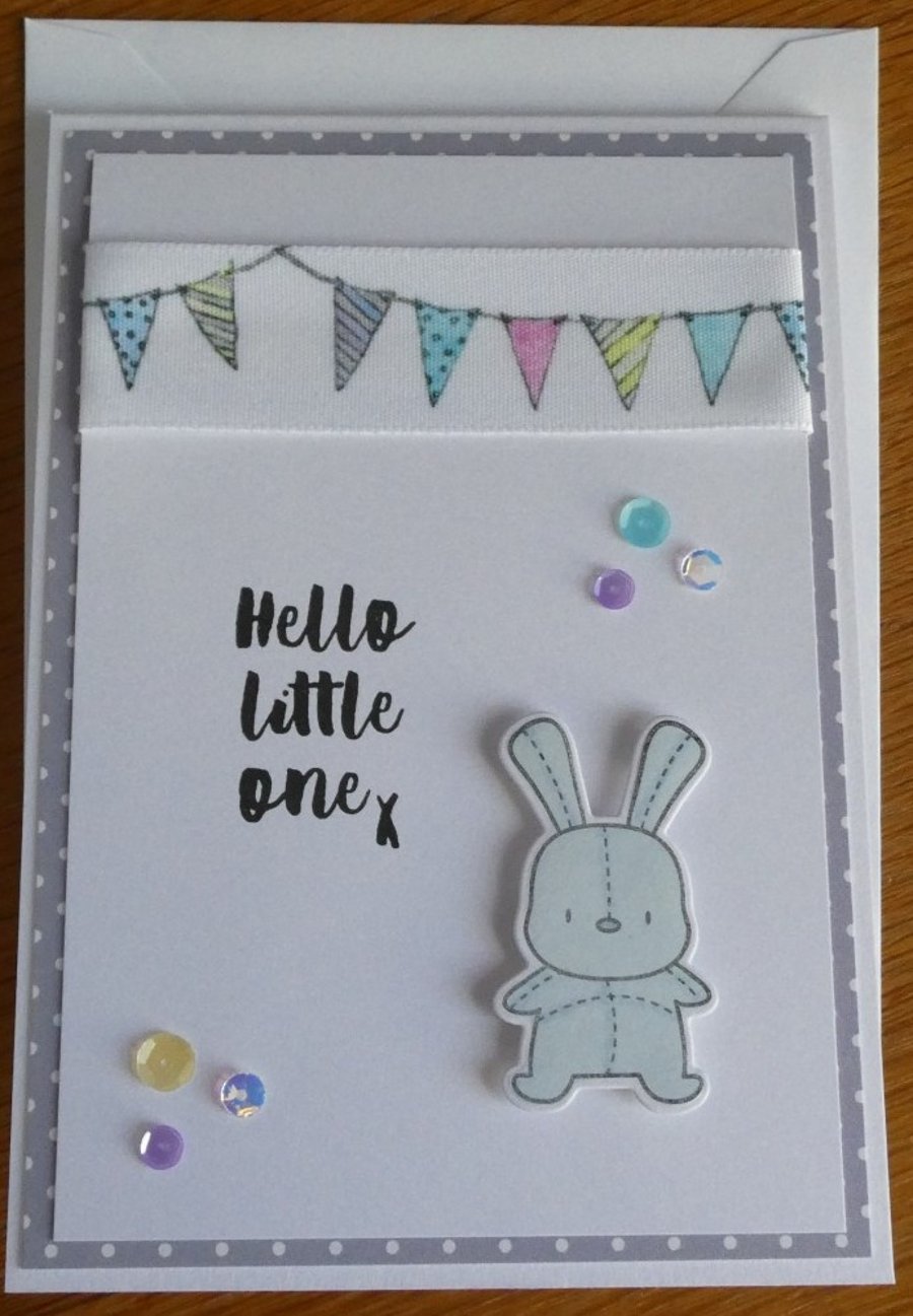 Bunting & Bunny New Baby Card  with Free Gift Tag- Blue