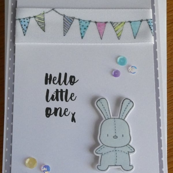 Bunting & Bunny New Baby Card  with Free Gift Tag- Blue