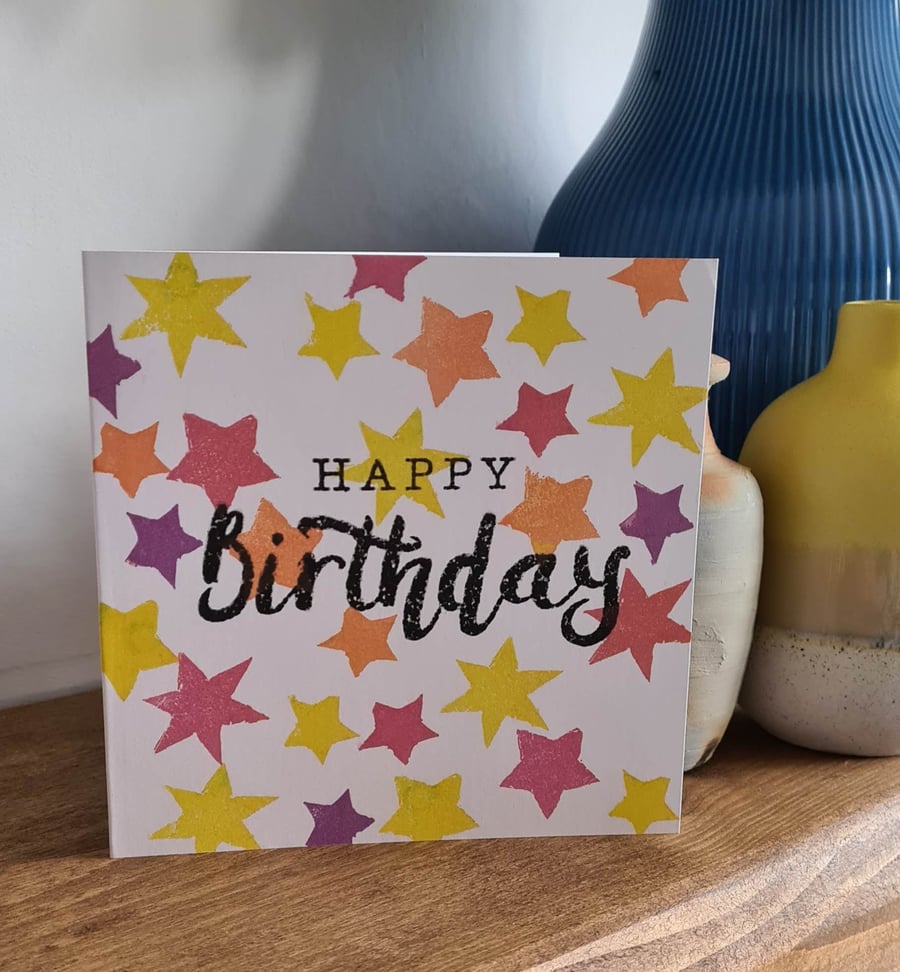 Star birthday card two colour choices handprinted