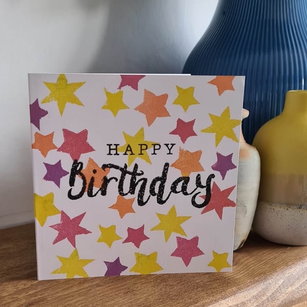 Star birthday card two colour choices handprinted