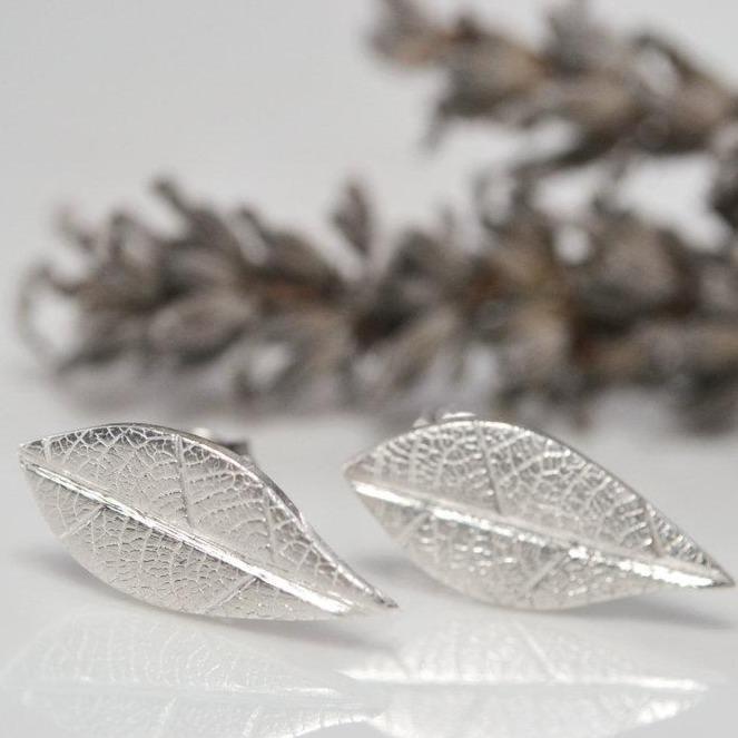 Fine silver leaf stud earrings