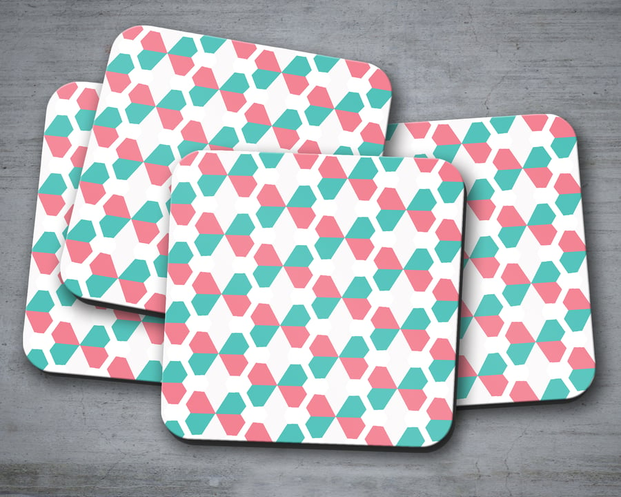 Set of 4 White with Pink and Green Geometric Design Coasters