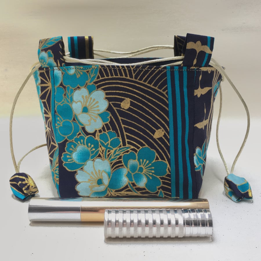 Japanese Rice Bag Gift Bag Turquoise Gilded Flowers and Stripes 