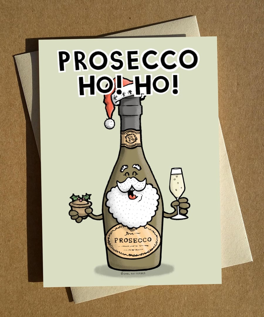 Prosecco Santa Pun Christmas Card A6 Party Fizz Booze Alcohol