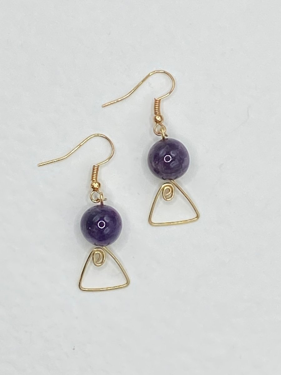 Amethyst stone earrings with gold tone wire triangles