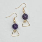 Amethyst stone earrings with gold tone wire triangles