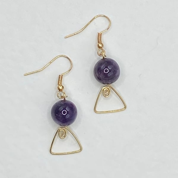 Amethyst stone earrings with gold tone wire triangles