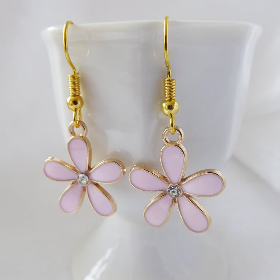 Pretty Pink Enamel Flower Earrings with gold plated ear-wires