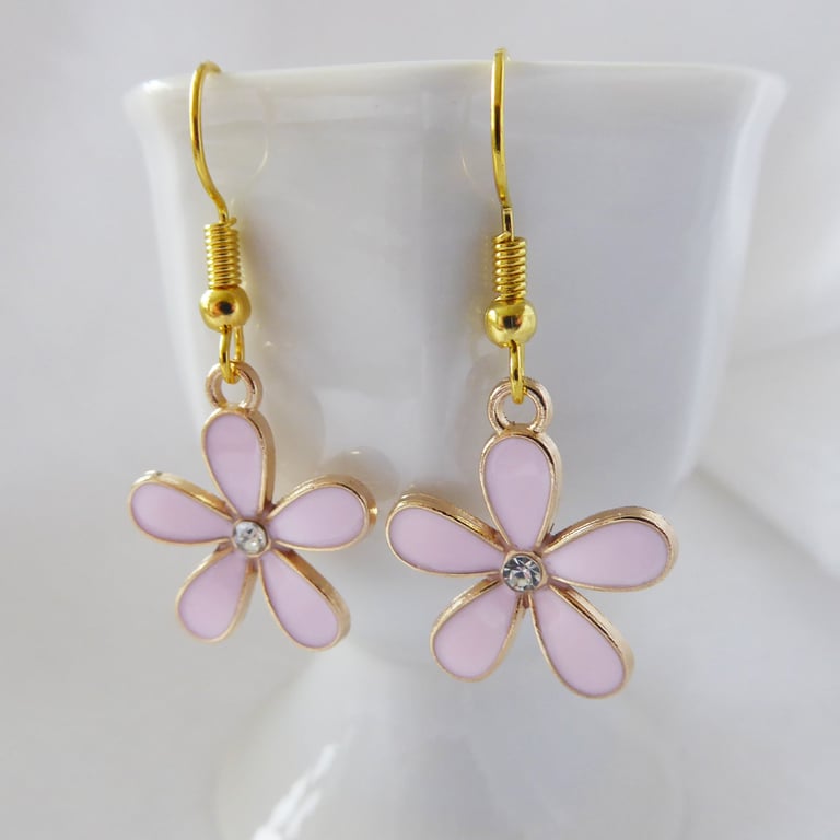 Pretty Pink Enamel Flower Earrings with gold plated ear-wires