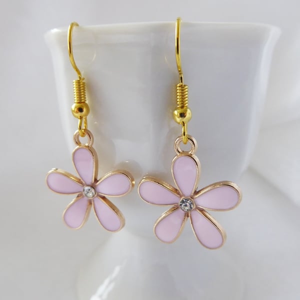 Pretty Pink Enamel Flower Earrings with gold plated ear-wires
