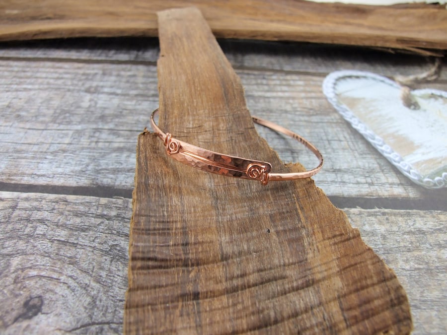 Copper Inspiration Bangle.  Hammered and Stamped Narrow Bangle, 
