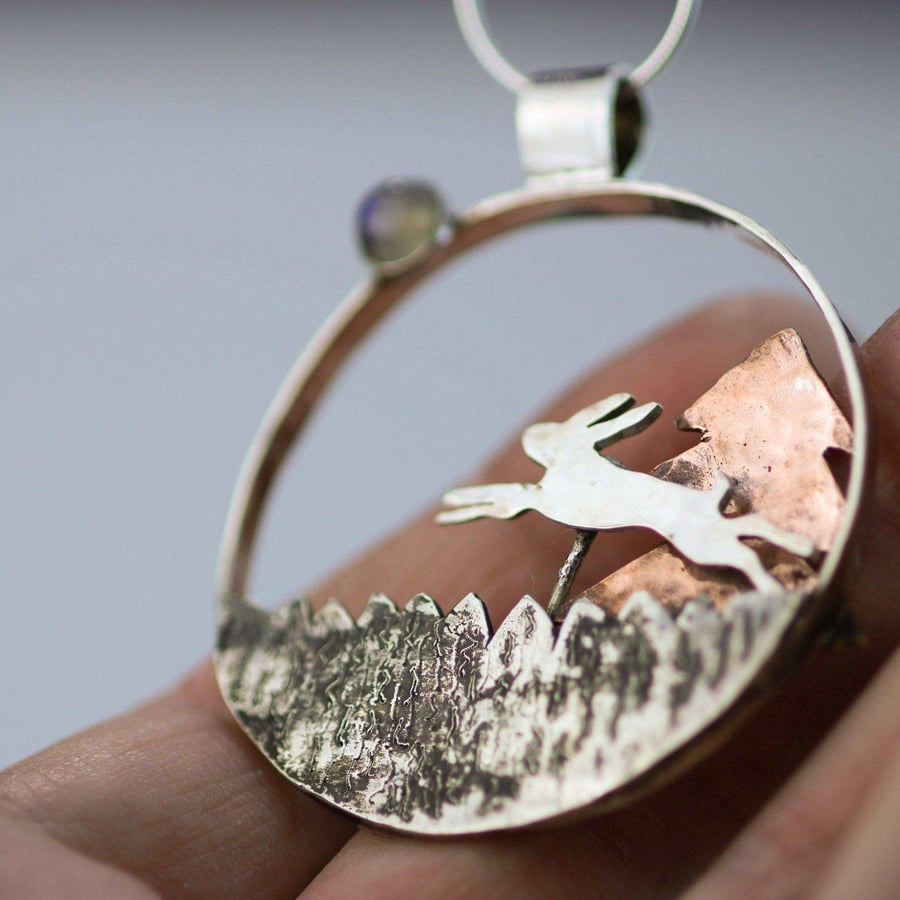 Kinetic jewellery - hare necklace - moving jewelry - woodland necklace - rabbit 