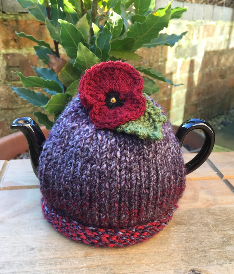 Small Pansy Tea Cosy. One Cup Knitted Red Flower Teapot Cozy