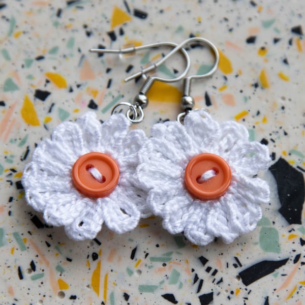 Handmade Micro Crochet Daisy Flower Earrings - Hypoallergenic